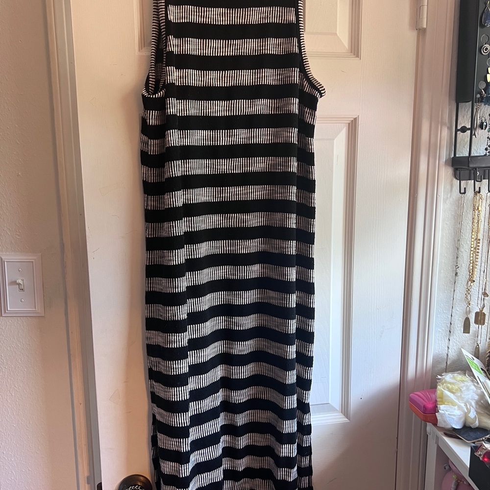 LOFT Black and White Striped Sleeveless Midi Dress